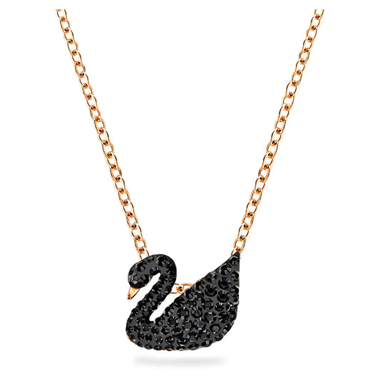 Swan pendant, Swan, Black, Rose gold-tone plated