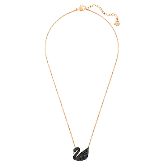 Swan pendant, Swan, Black, Rose gold-tone plated