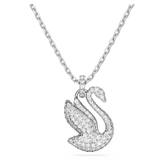 Swan pendant, Swan, Medium, White, Rhodium plated