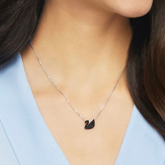 Swan pendant, Swan, Small, Black, Rhodium plated