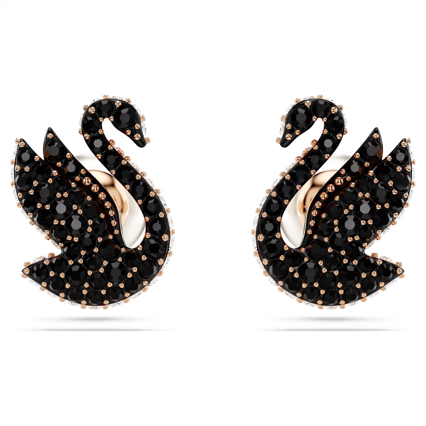 Swan stud earrings, Crystal pearl, Swan, Black, Rose gold-tone plated