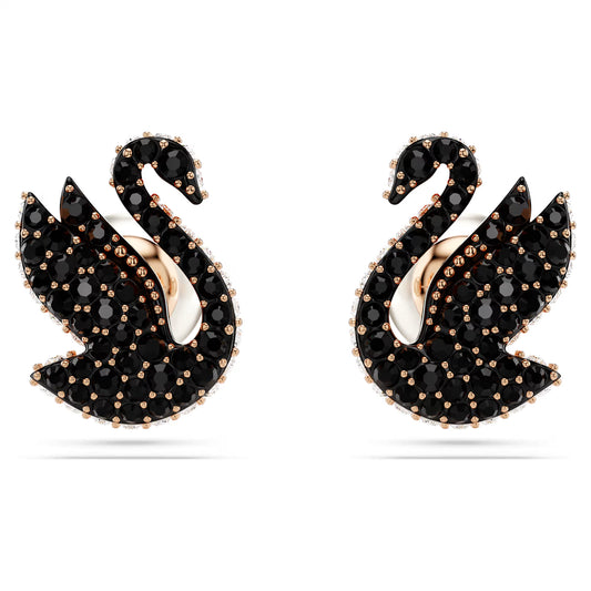 Swan stud earrings, Crystal pearl, Swan, Black, Rose gold-tone plated