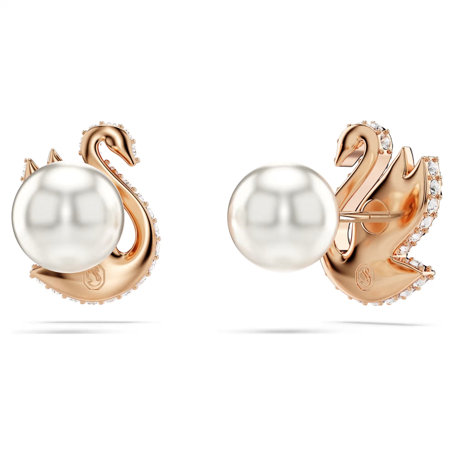 Swan stud earrings, Crystal pearl, Swan, Black, Rose gold-tone plated