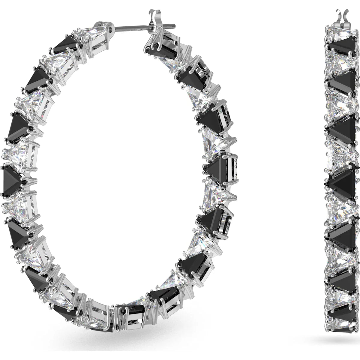 Ortyx Rhodium Plated Black Crystal Triangle Cut Hoop Earrings
