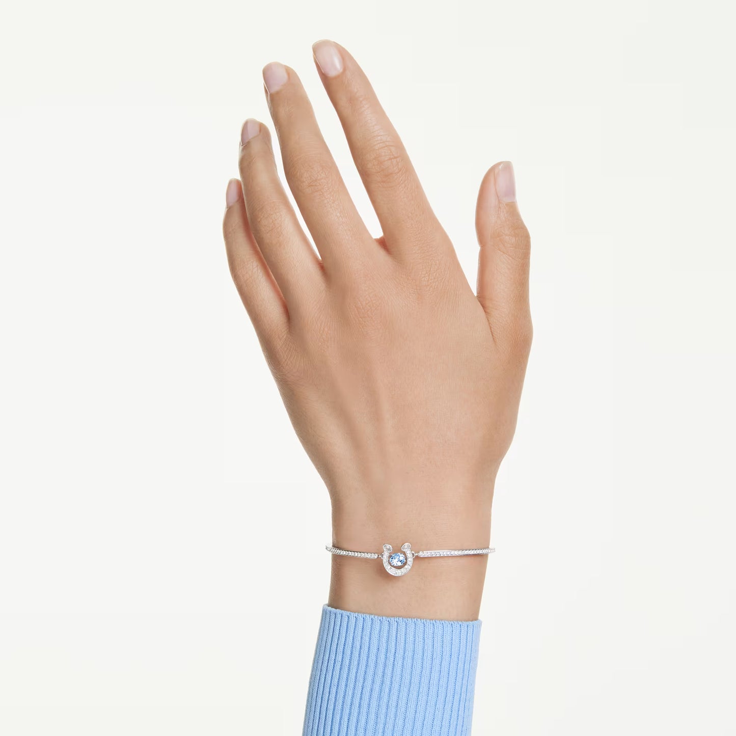 Symbolica bangle, Round cut, Pavé, Horse shoe, Blue, Rhodium plated