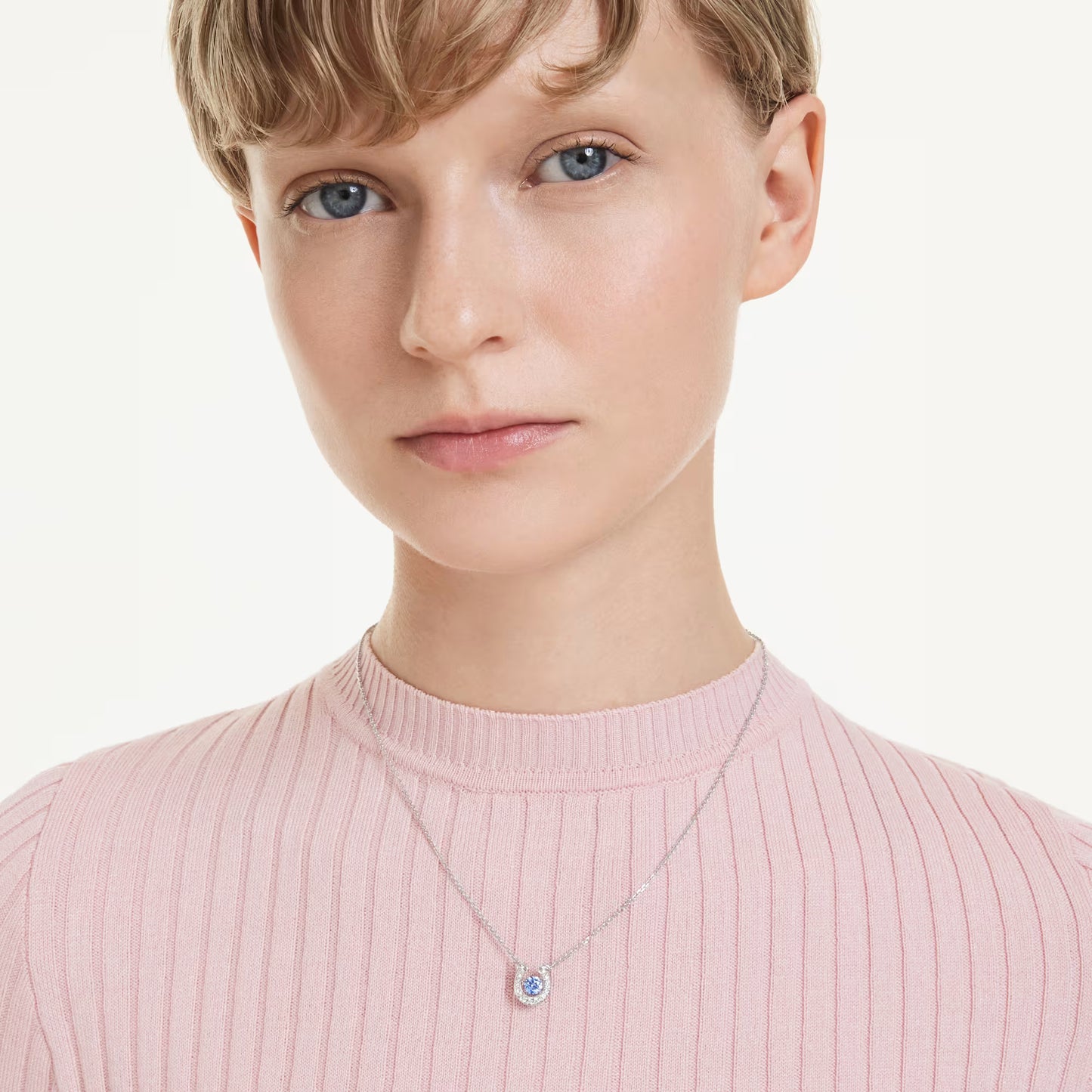 Symbolica pendant, Round cut, Pavé, Horse shoe, Blue, Rhodium plated