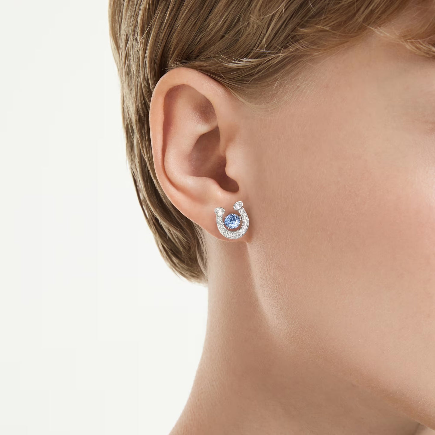 Symbolica stud earrings, Round cut, Pavé, Horse shoe, Blue, Rhodium plated