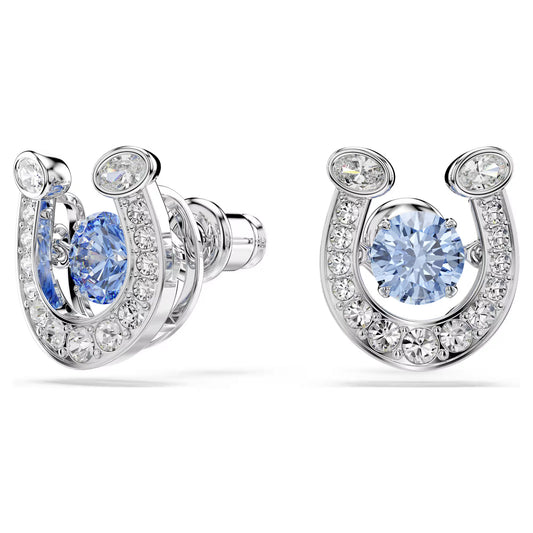 Symbolica stud earrings, Round cut, Pavé, Horse shoe, Blue, Rhodium plated