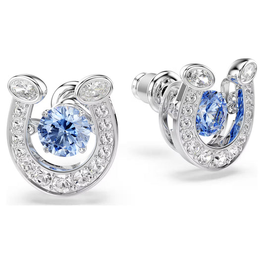 Symbolica stud earrings, Round cut, Pavé, Horse shoe, Blue, Rhodium plated