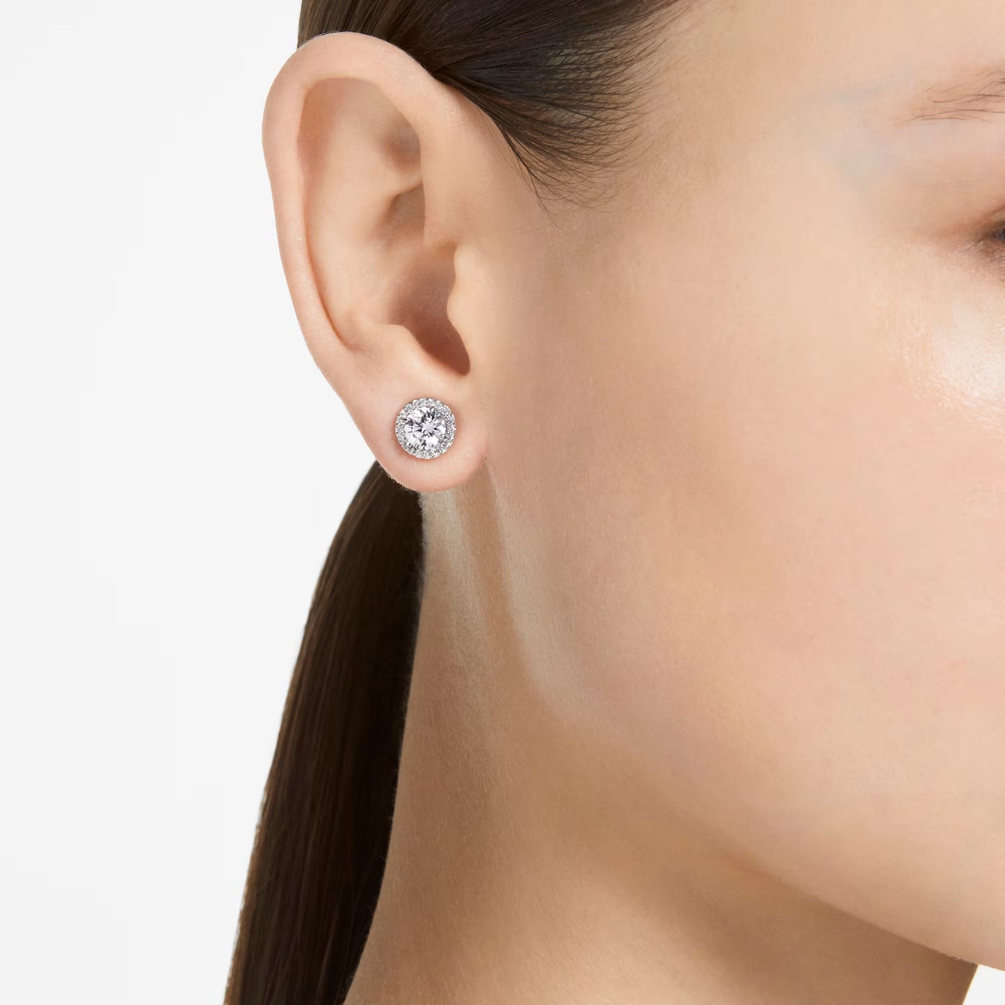 Una Angelic stud earrings, Round cut, Pavé, White, Rhodium plated