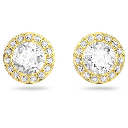 Una Angelic stud earrings, Round cut, White, Gold-tone plated
