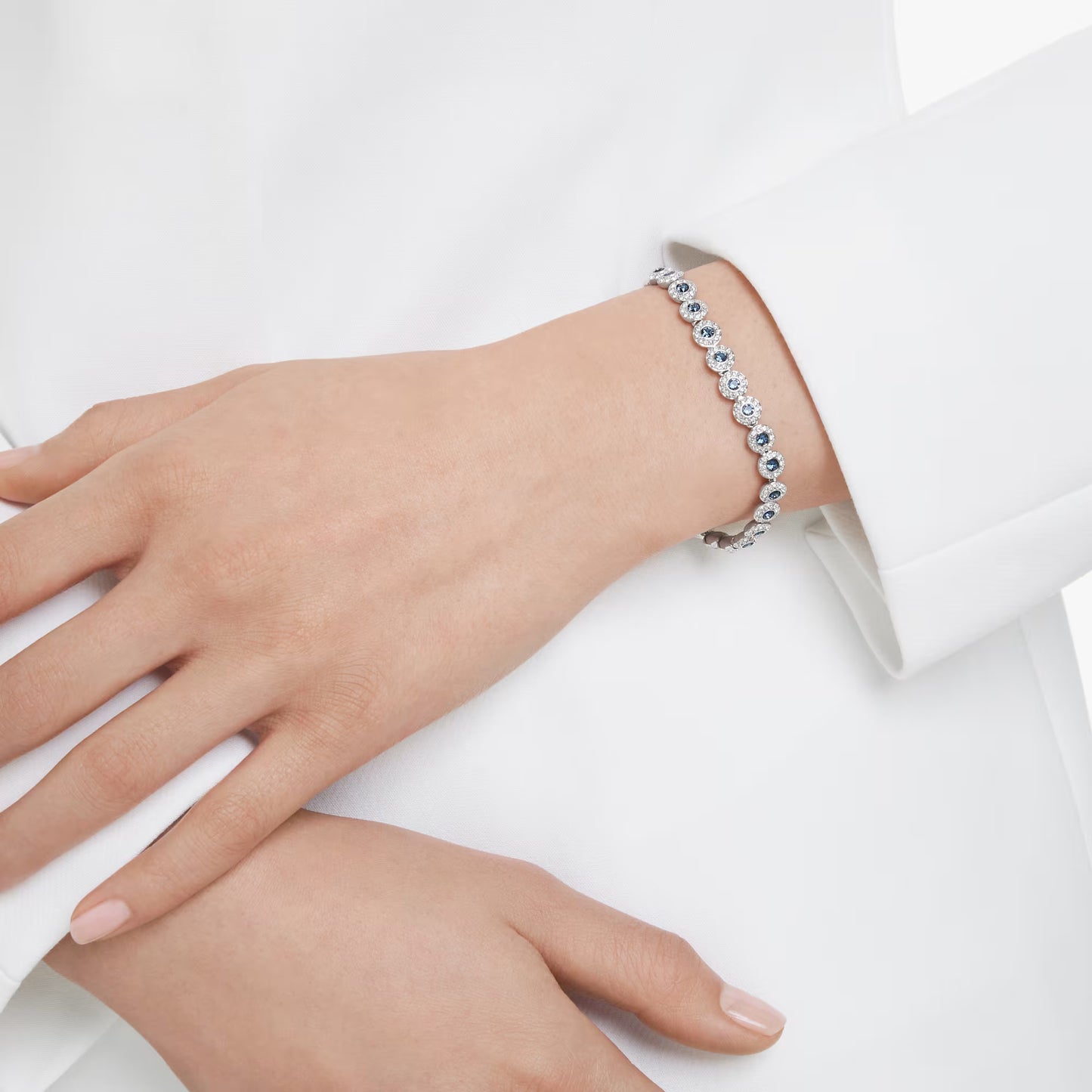 Una Angelic Tennis bracelet, Round cut, Blue, Rhodium plated