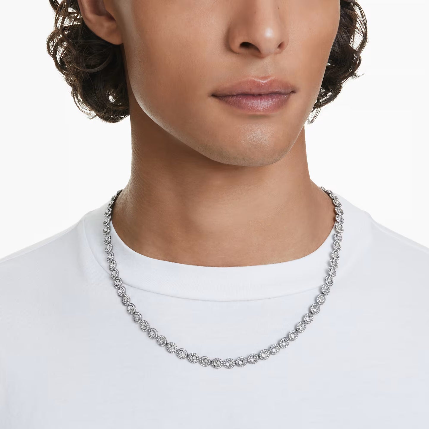 Una Angelic Tennis necklace, Round cut, Long, White, Ruthenium plated