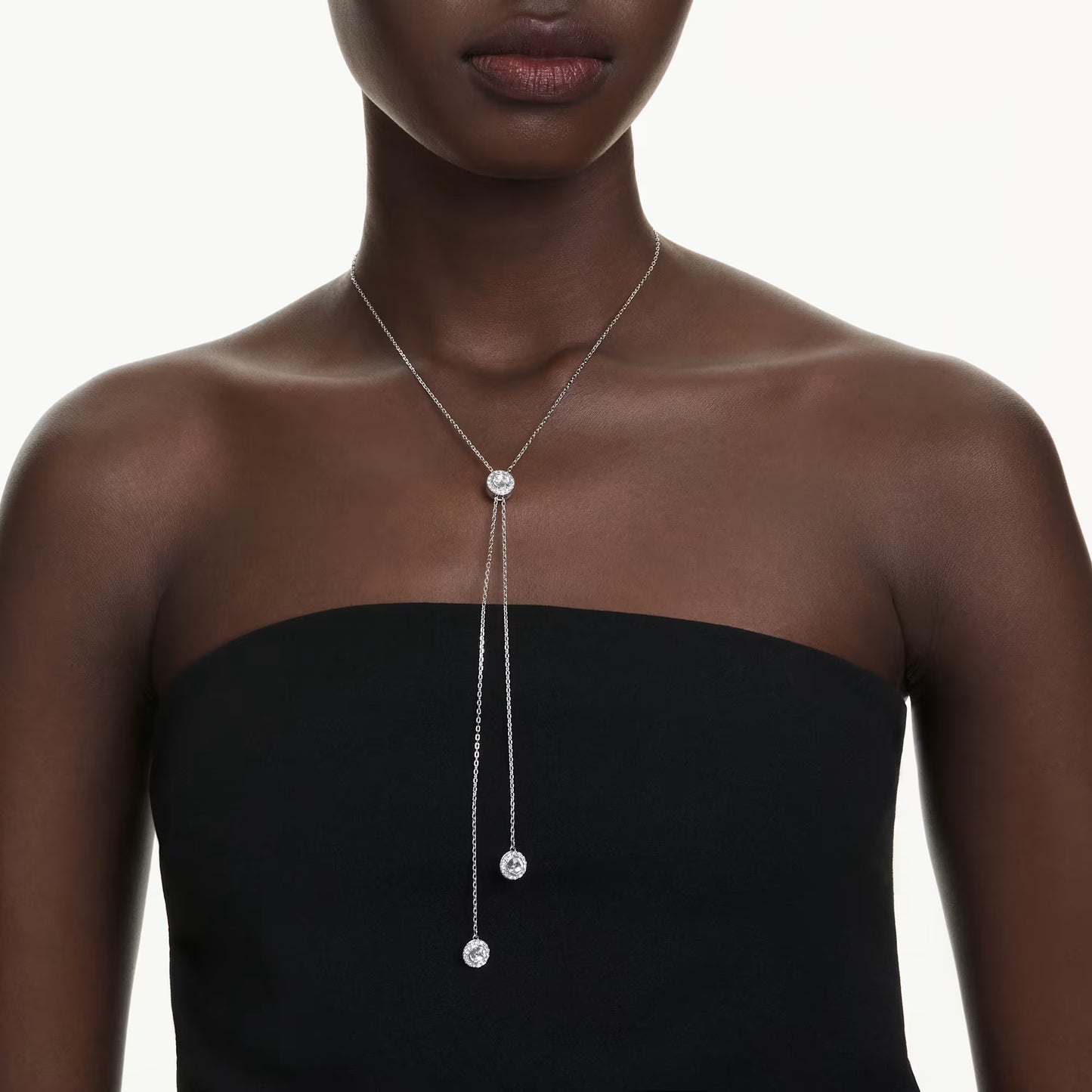 Una Angelic Y pendant, Round cut, White, Rhodium plated