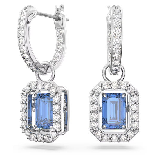Una drop earrings, Octagon cut, Blue, Rhodium plated