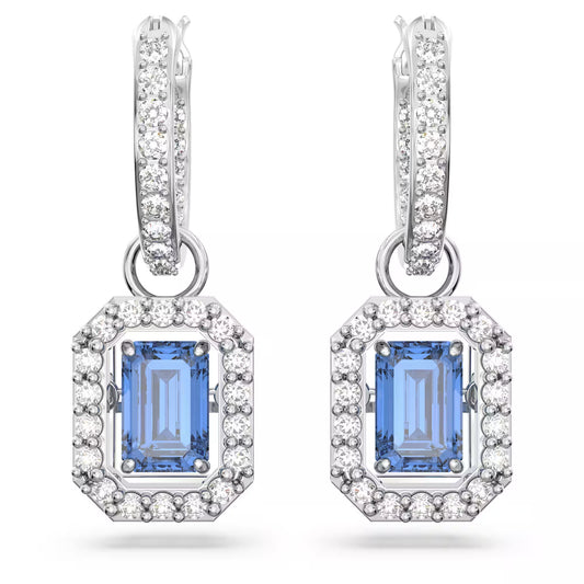 Una drop earrings, Octagon cut, Blue, Rhodium plated