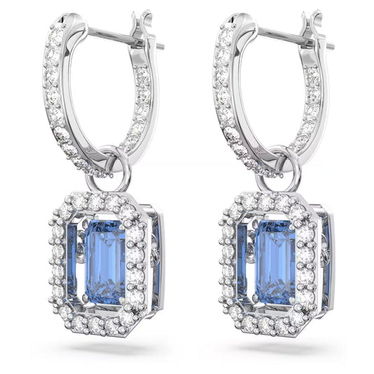 Una drop earrings, Octagon cut, Blue, Rhodium plated