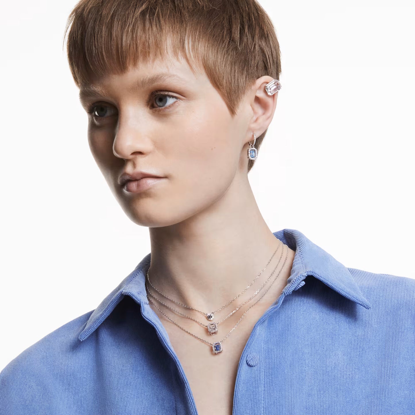 Una drop earrings, Octagon cut, Blue, Rhodium plated