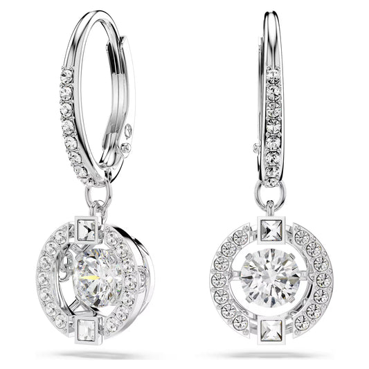 Una drop earrings, Round cut, White, Rhodium plated