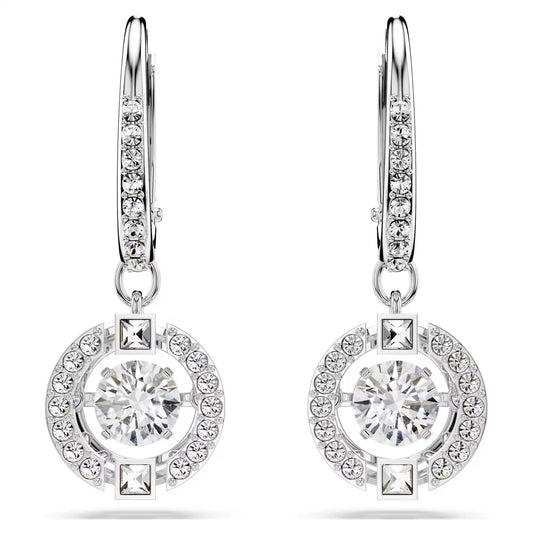 Una drop earrings, Round cut, White, Rhodium plated