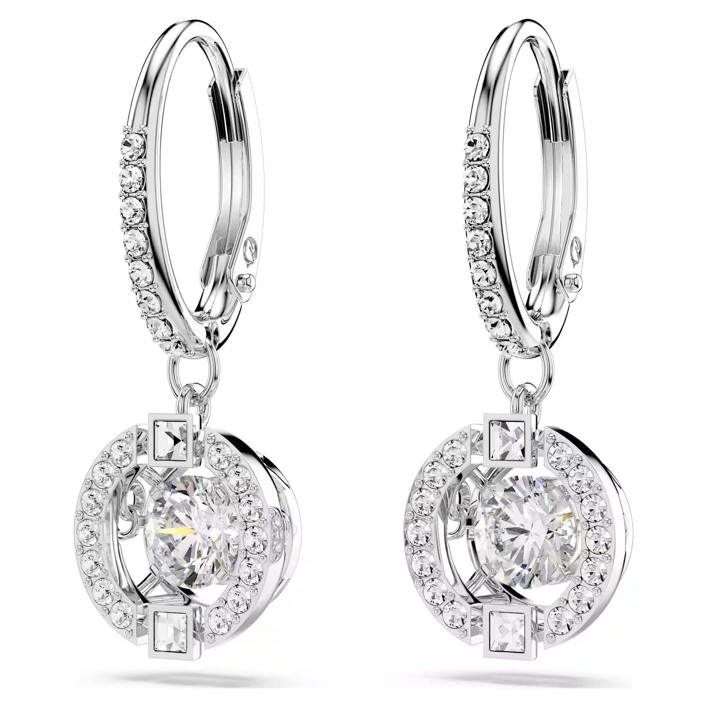 Una drop earrings, Round cut, White, Rhodium plated