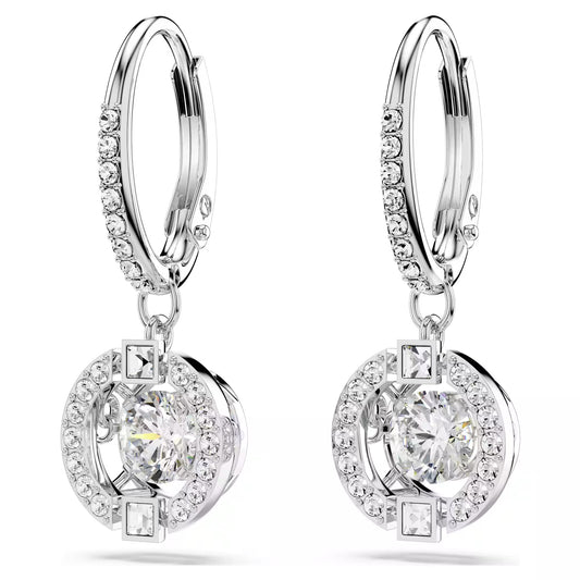 Una drop earrings, Round cut, White, Rhodium plated