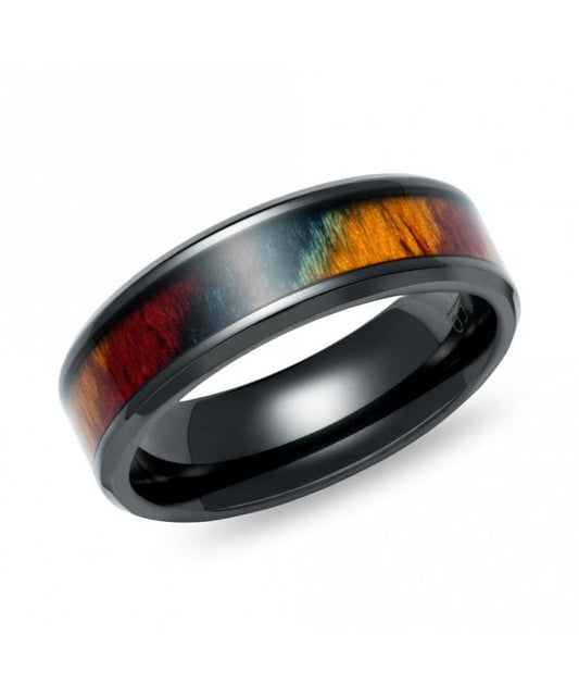 Black Zirconium 7mm Coloured Wood Inlay Ring Size 66