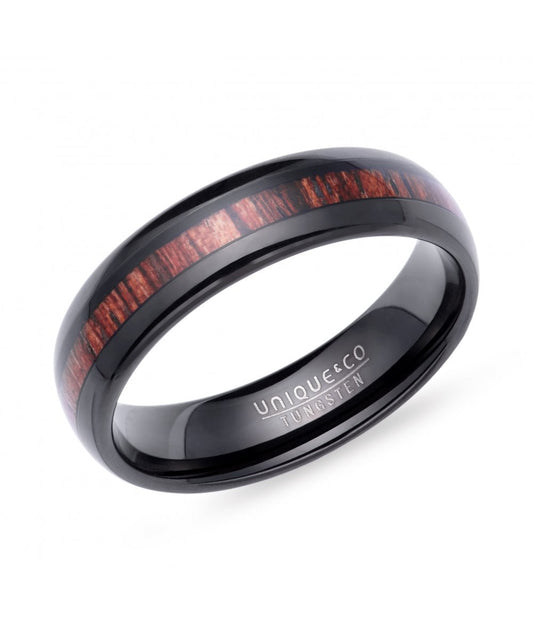 Tungsten 6mm Black Ring with Wood Inlay - Size 64