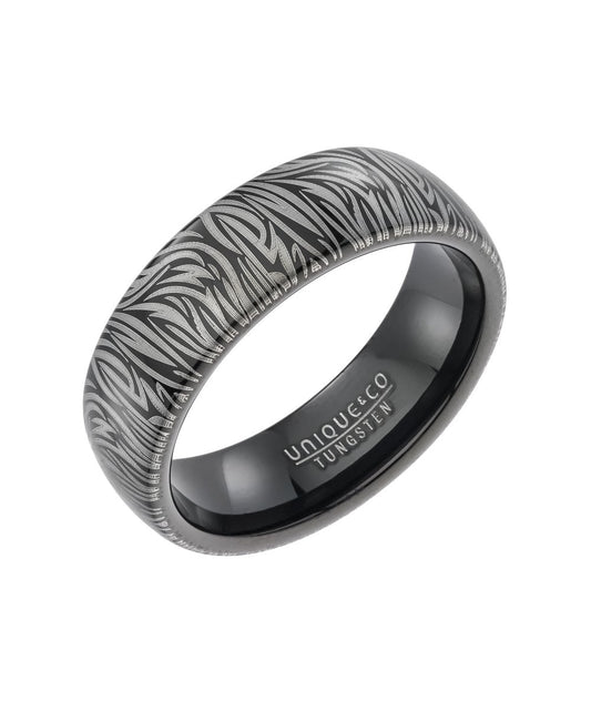 Tungsten 7mm Black Fancy Patterned Ring - Size 60