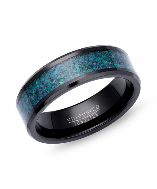 Tungsten 7mm Black Ring With Blue Opal Replica Inlay - Size 66