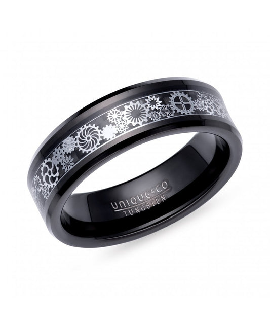 Tungsten 7mm Black Cogs & Wheels Ring - Size 66