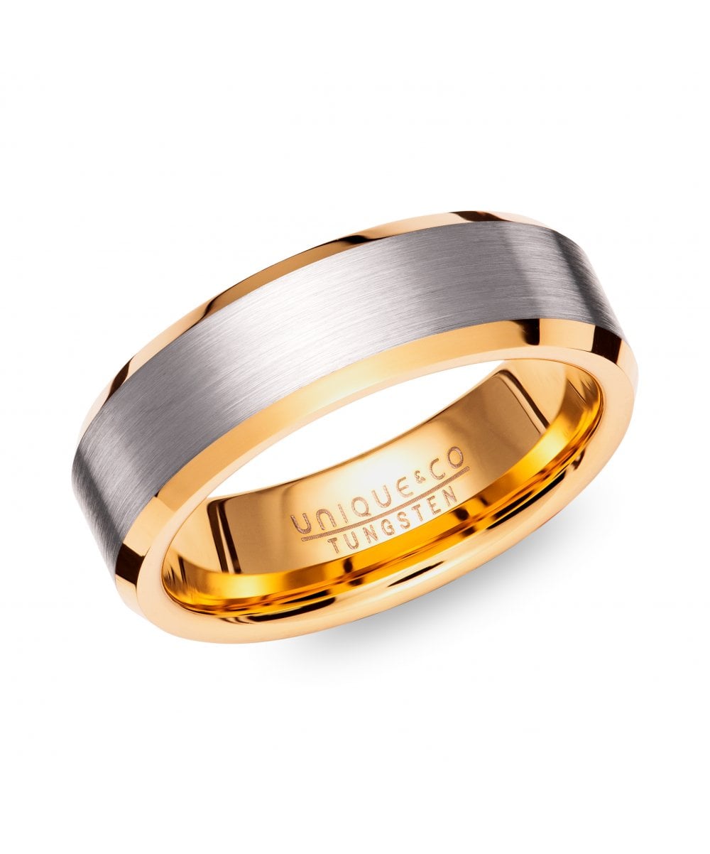 Tungsten Carbide Ring with Yellow Gold IP Plating - Size 66