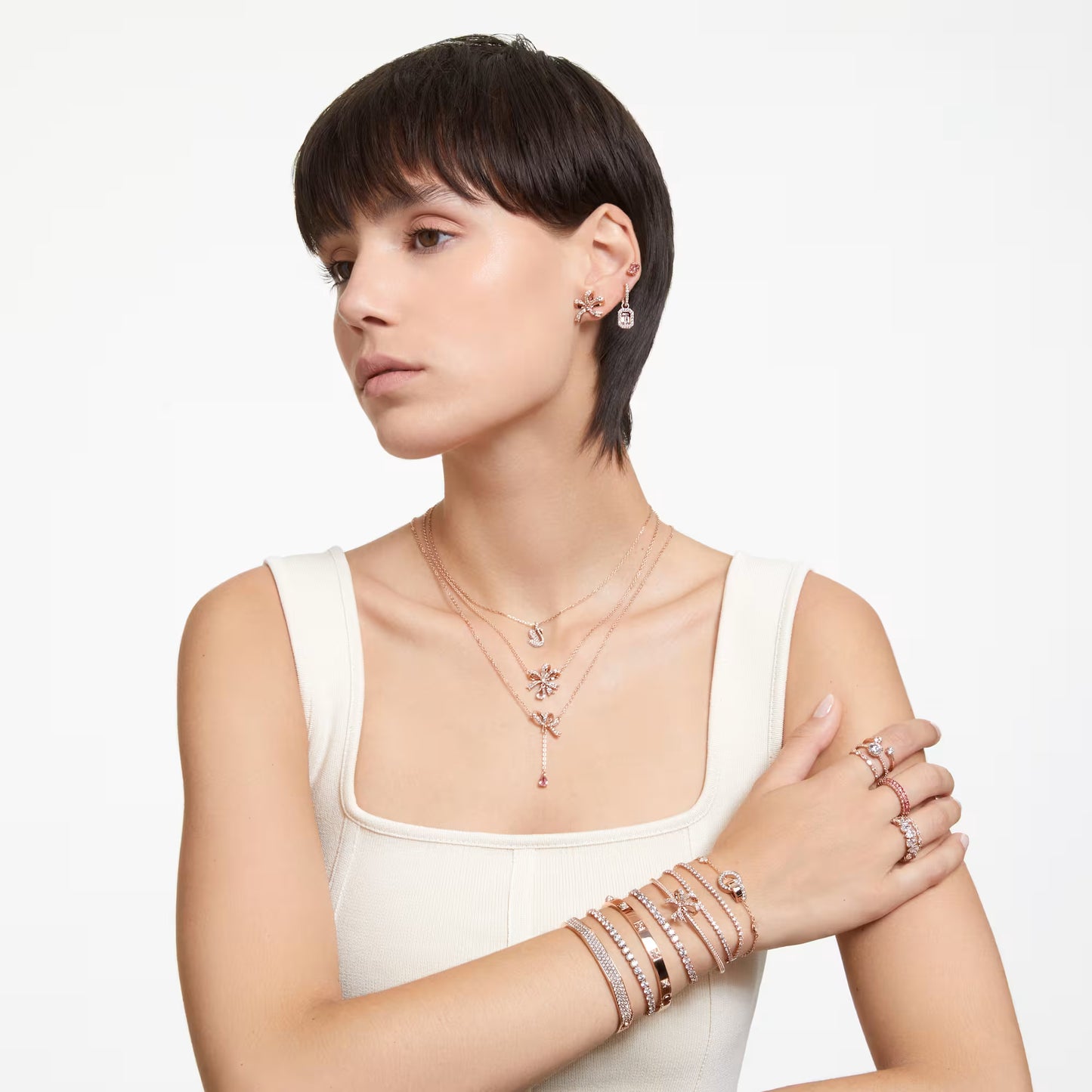 Volta bangle, Bow, White, Rose gold-tone