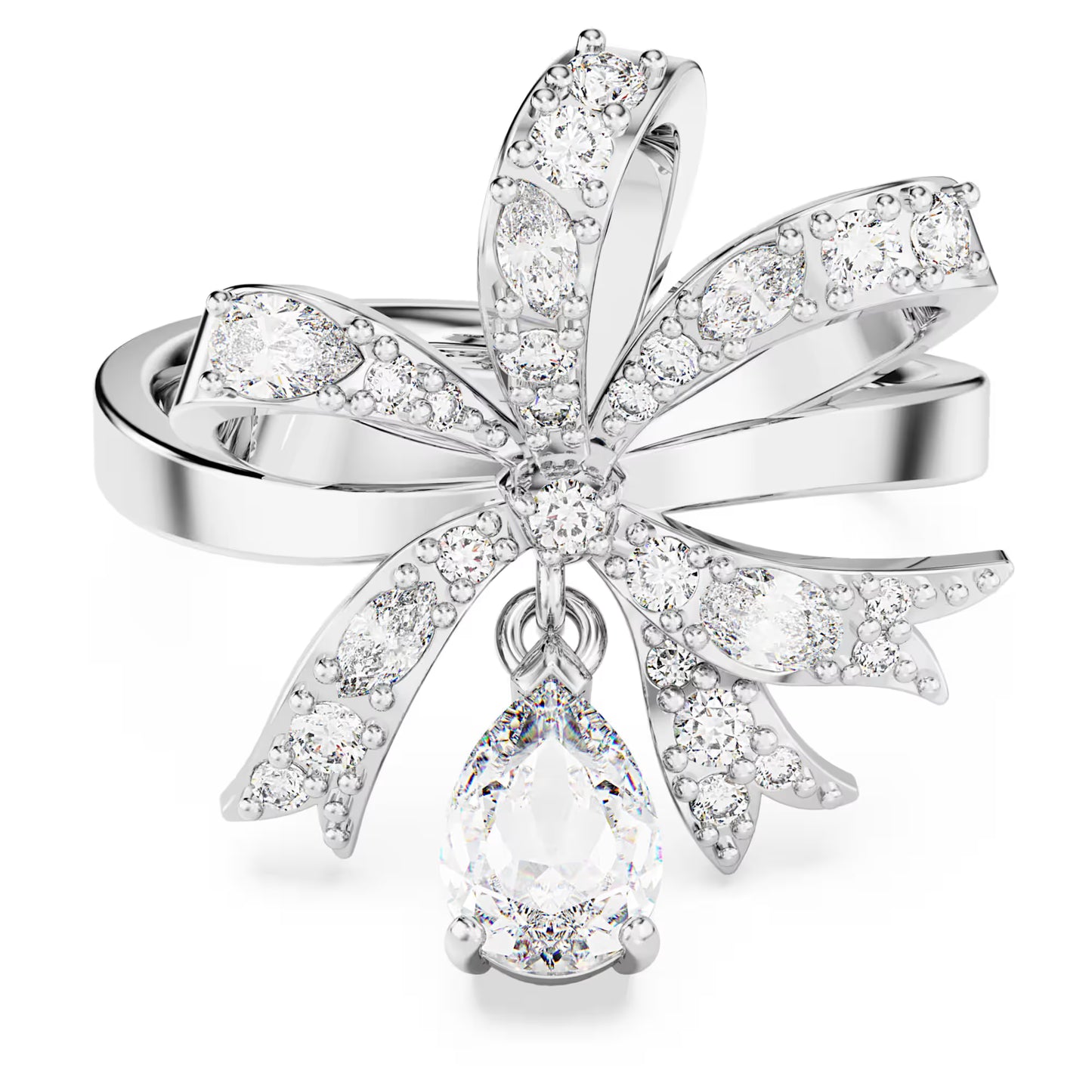 Volta cocktail ring, Bow, White, Rhodium plated