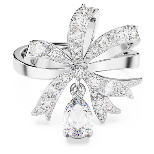 Volta cocktail ring, Bow, White, Rhodium plated