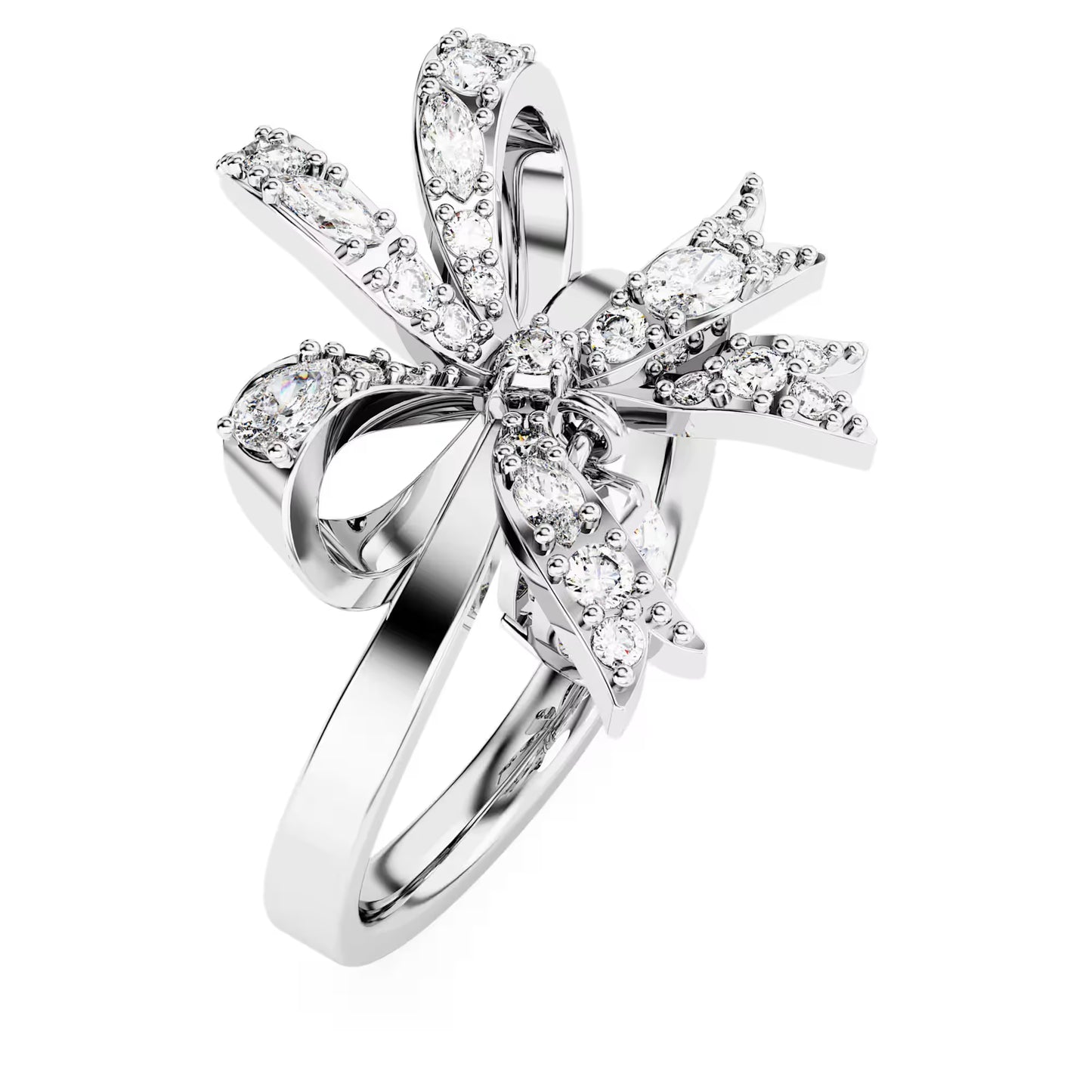 Volta cocktail ring, Bow, White, Rhodium plated