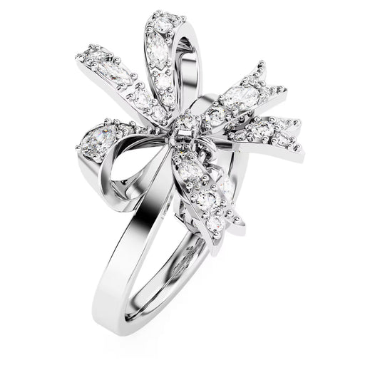 Volta cocktail ring, Bow, White, Rhodium plated