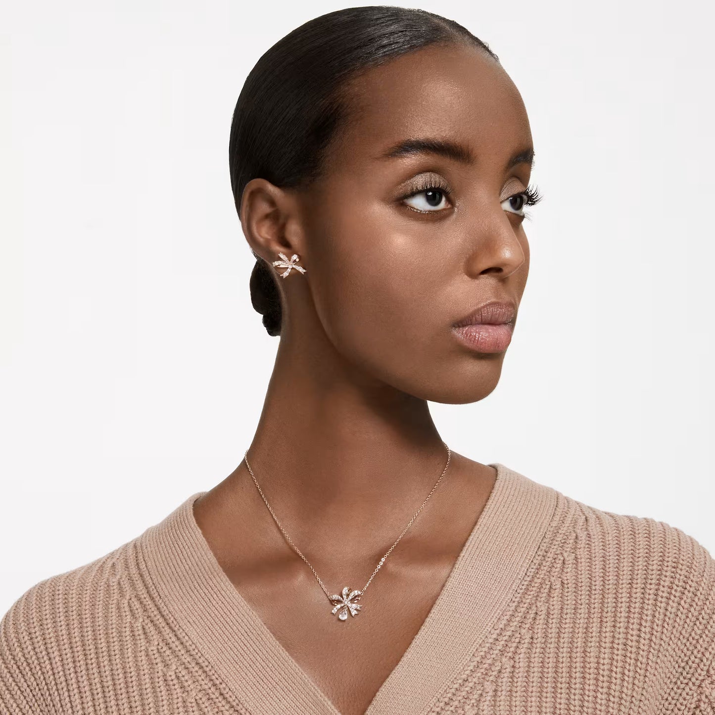Volta set, Bow, White, Rose gold-tone plated