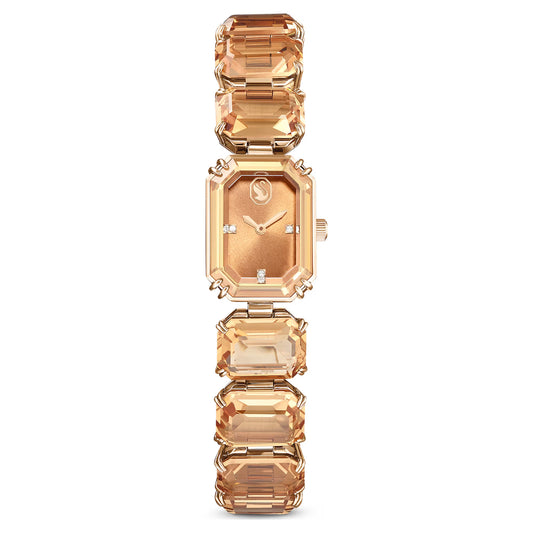 Watch, Octagon cut bracelet, Brown, Champagne gold-tone finish