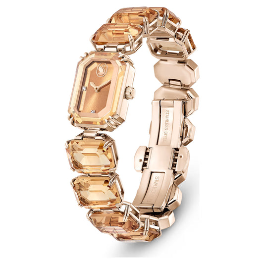 Watch, Octagon cut bracelet, Brown, Champagne gold-tone finish