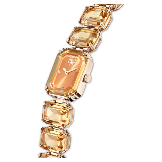 Watch, Octagon cut bracelet, Brown, Champagne gold-tone finish
