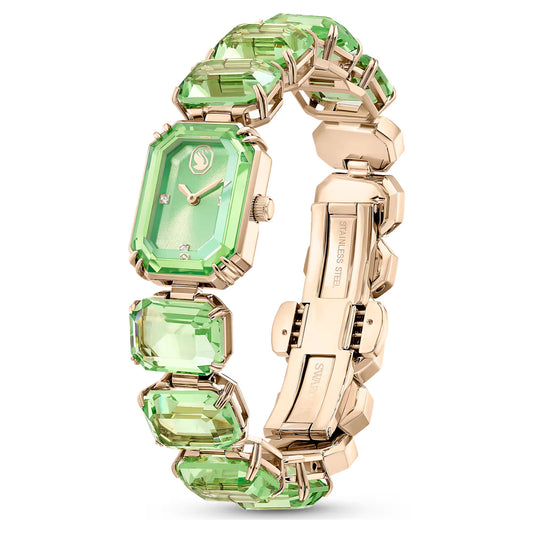 Watch, Octagon cut bracelet, Green, Champagne gold-tone finish